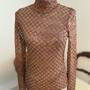 Pilcro Brown Mesh Blouse with Glitter Accents